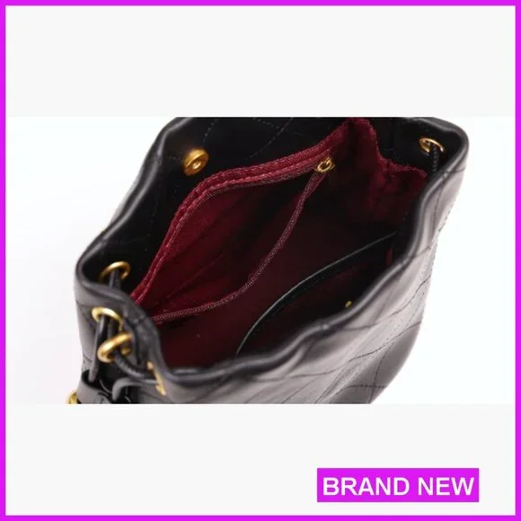 Lambskin Leather Top Handle Bucket Bag Drawstring Crossbody Purse Chunky Chain